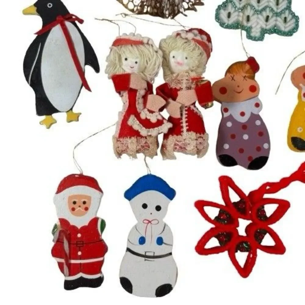 Lot of 19 Vintage Handmade Wooden Crochet German Ornaments Variety Angels Santa